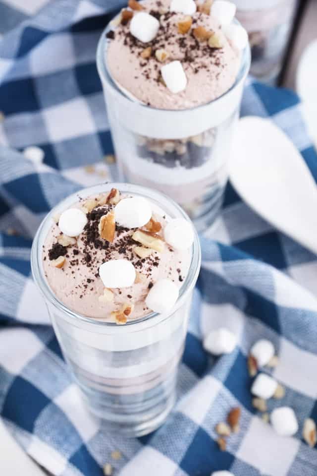 These Rocky Road Mousse Shooters are the perfect dessert as we ease into summer. They're no bake, easy to make, and loaded with chocolate, walnuts, and fluff!