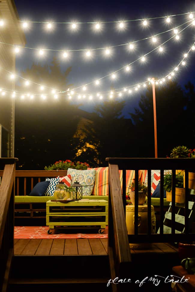 hanging string lights above deck