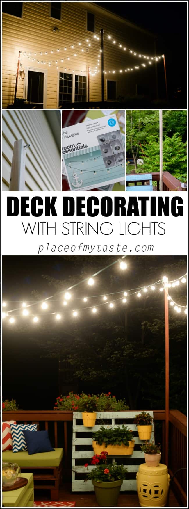 Learn how to hang string lights on your deck!! So fun and cozy! I promise you can do it and your summer nights will be more enjoyable!