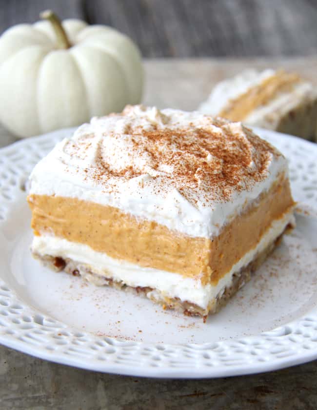 Pumpkin-Delight-Dessert on a white plate.