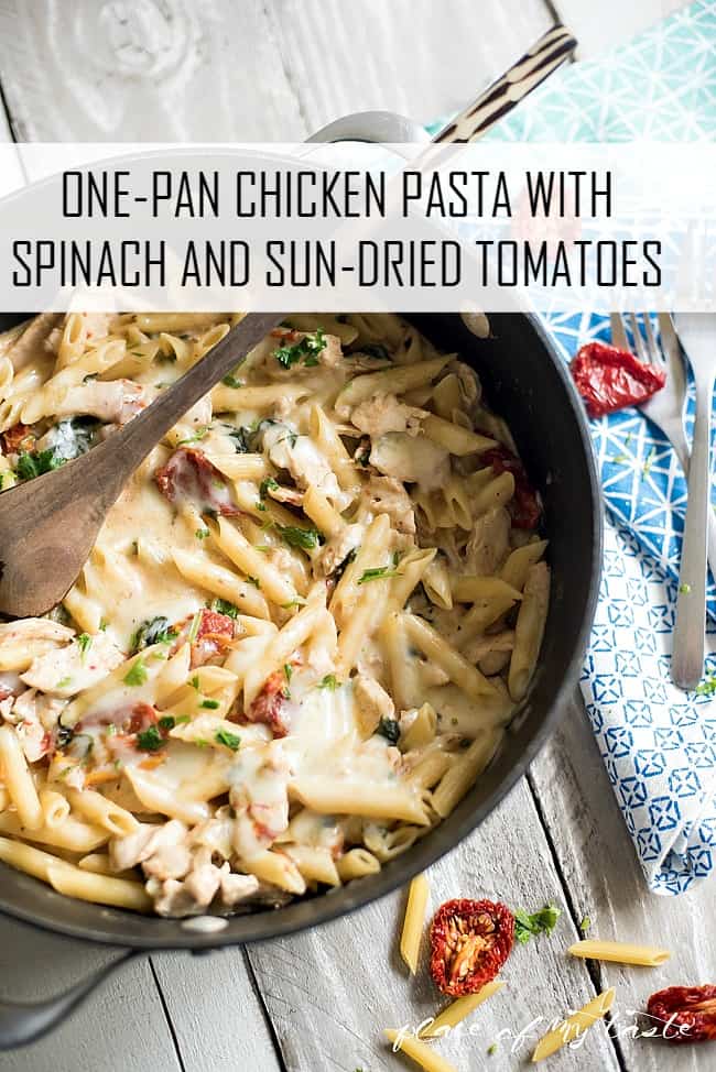 ONE-PAN CHICKEN PASTA WITH SPINACH AND SUN-DRIED TOMATOES.