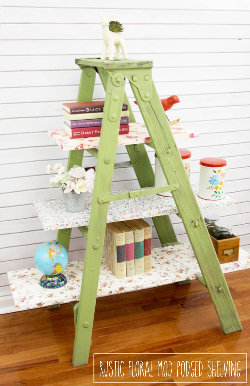 A light green ladder shelf.