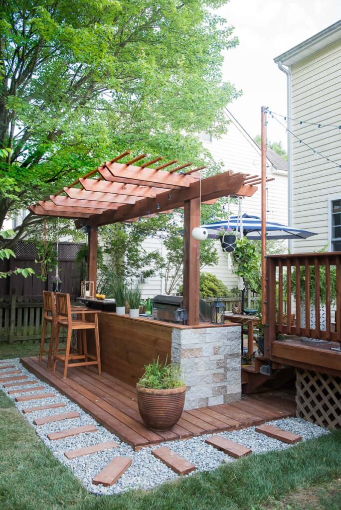 diy outdoor wood kitchen with pergola