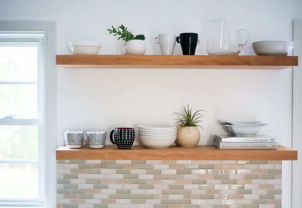 Learn How To Hang Open Kitchen Shelves, How To Build Floating Shelves Between Cabinets