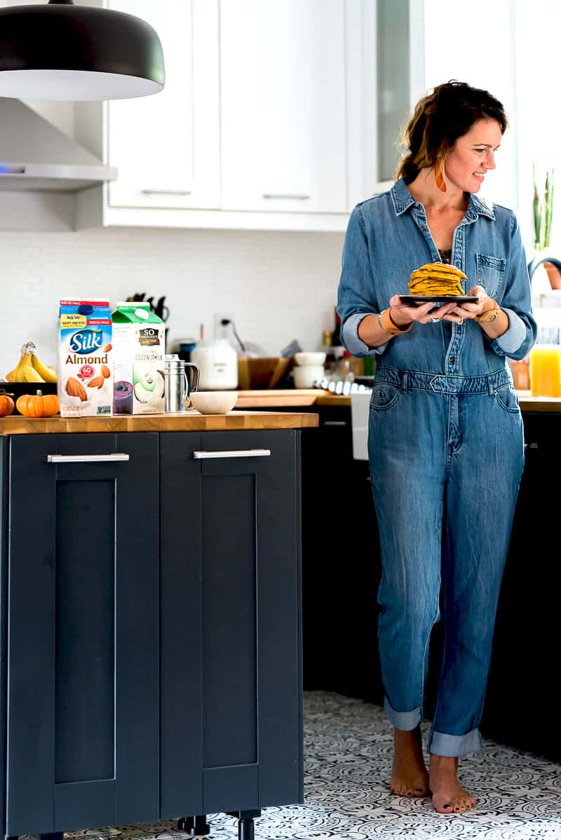 Carrying pumpkin pancakes to the table