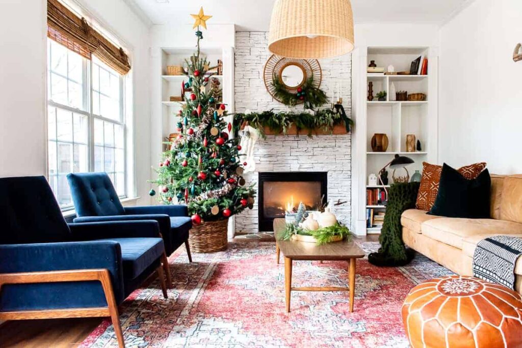 Eclectic and colorful Christmas living room