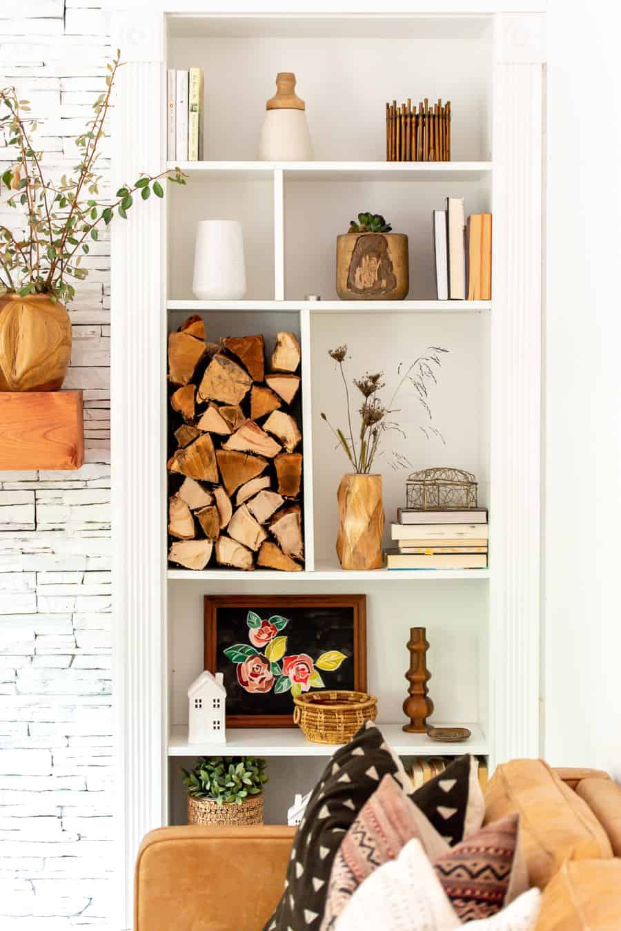 Built in shelves with wooden accessories