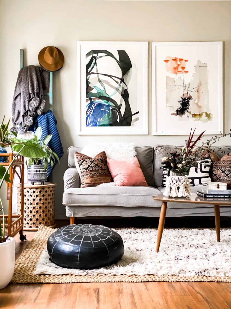 Eclectic living room with macrame jar cover