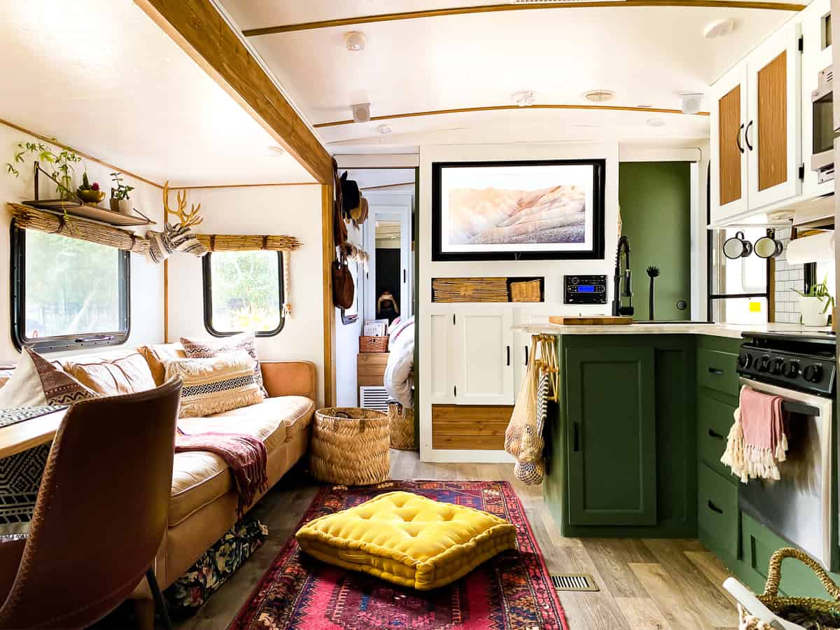 eclectic and colorful living room in a camper