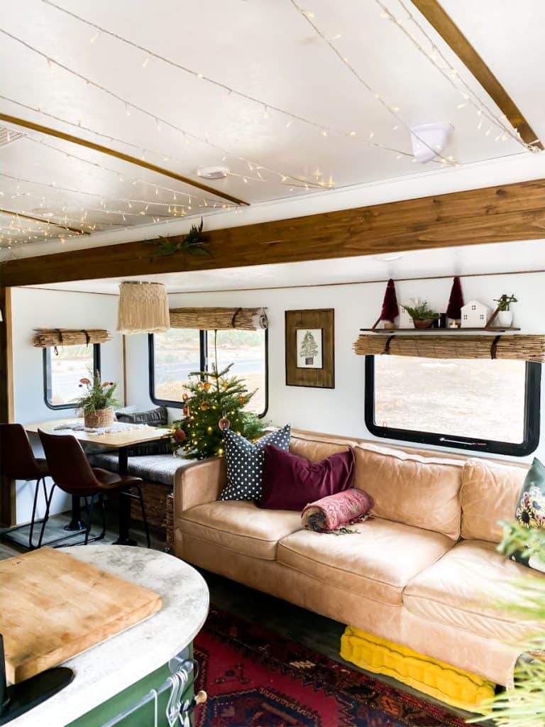Camper living room with fairy lights.