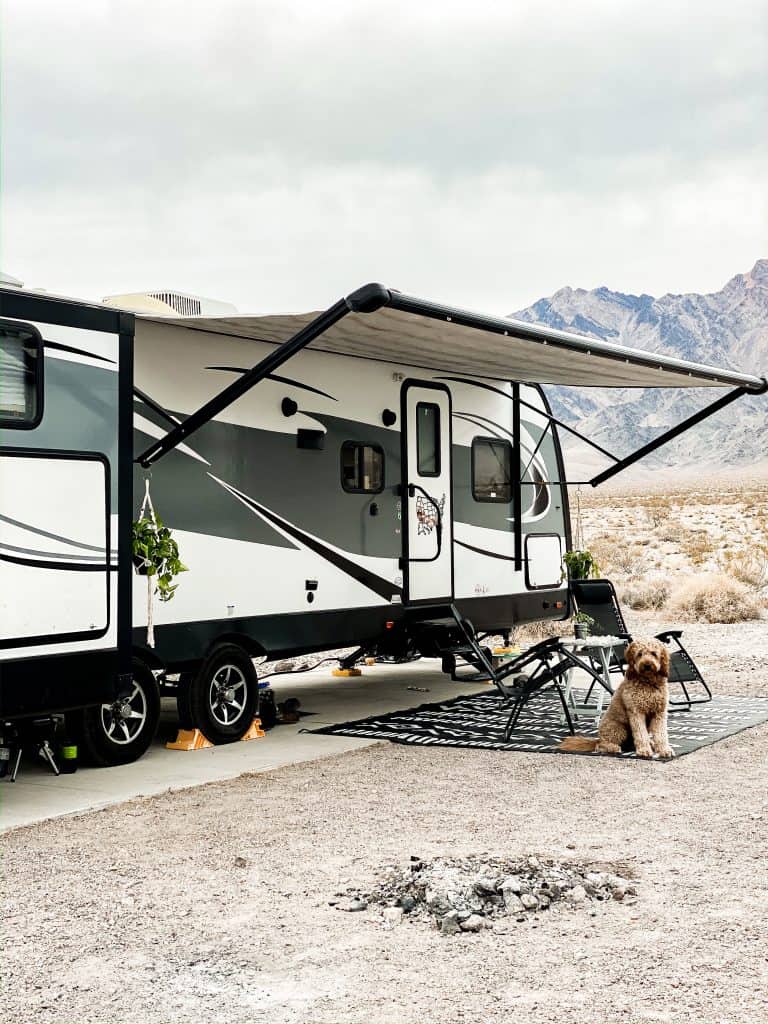 Golden doodle sitting on a camping rug  in front of camper 