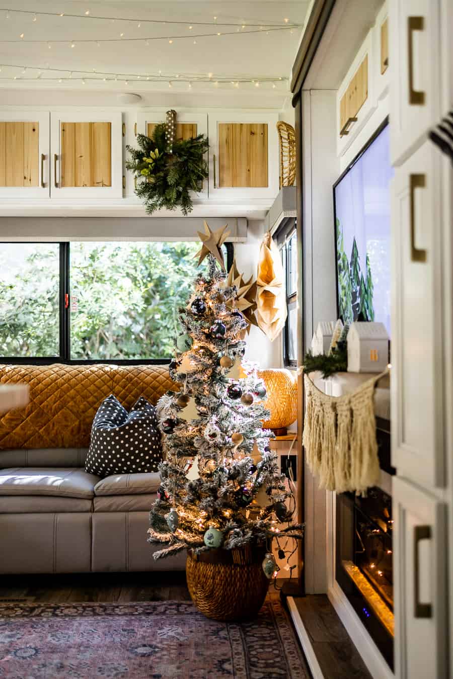 Flocked Christmas tree in a camper