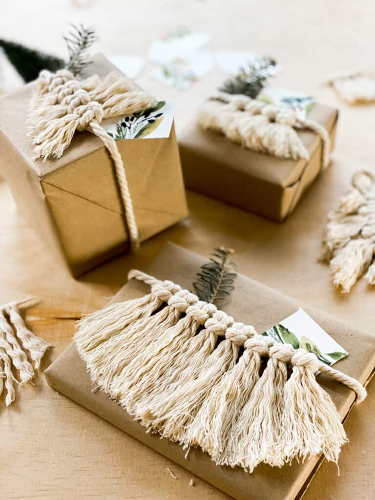 Wrapped gifts dressed with macrame