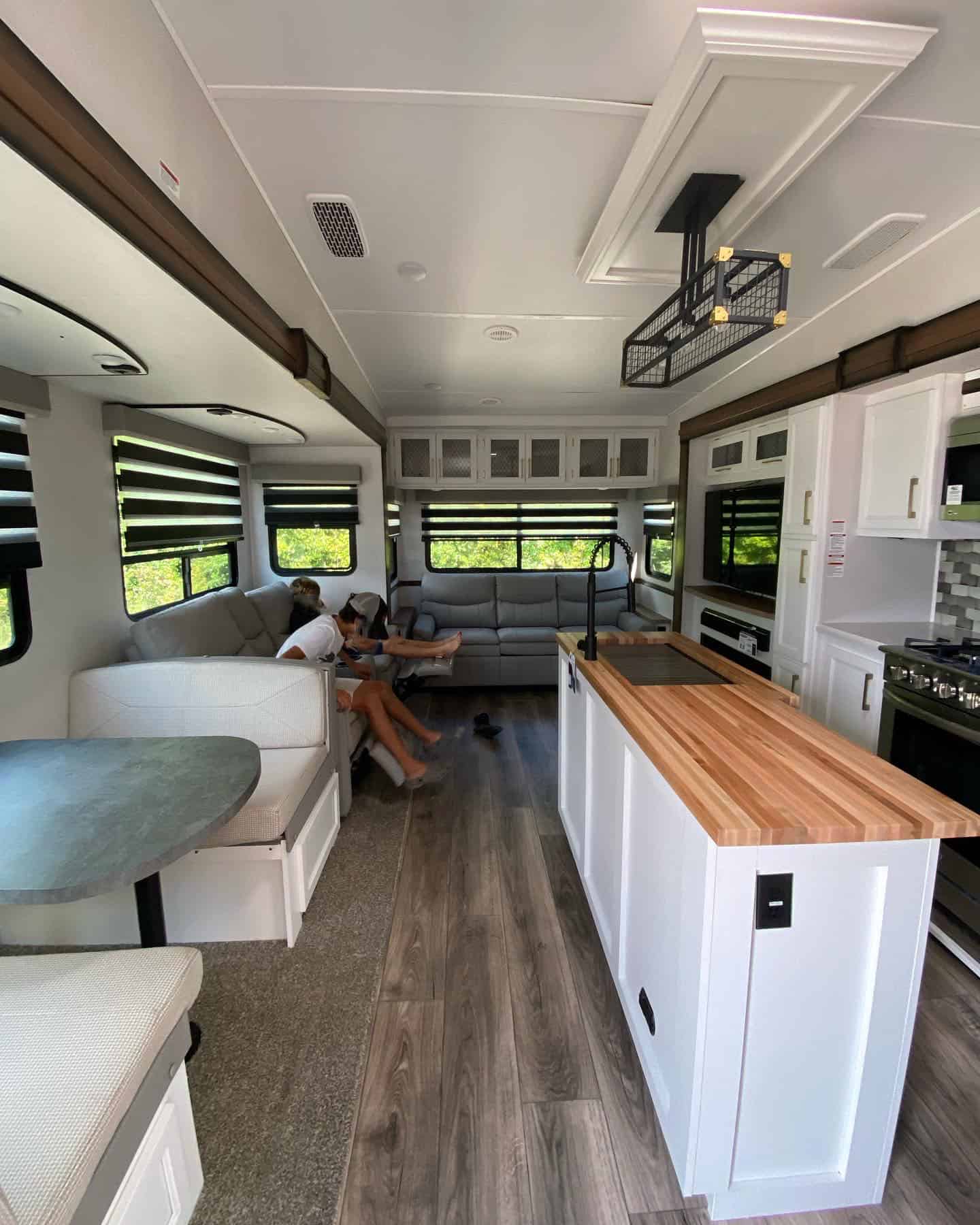 White interior for a large fifth wheel camper.
