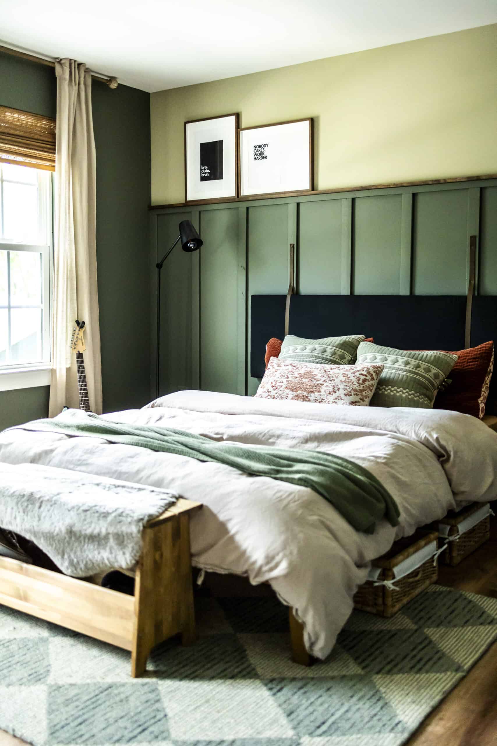 Board and Batten accent wall and DIY headboard.